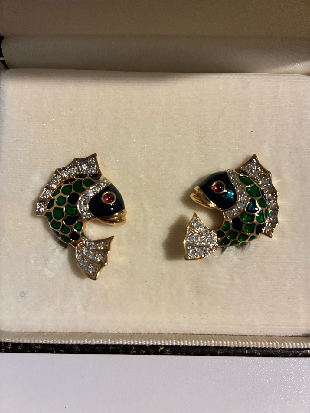 Vintage Judith Leiber Gold-Tone Green Enamel Crystal Fish Clip-On Earrings